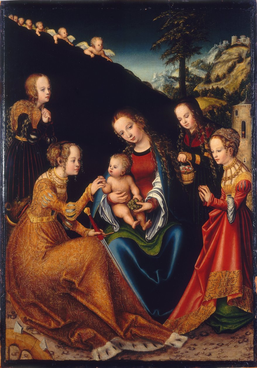Mystický sňatek svaté Kateřiny Alexandrijské se svatými Dorotou, Markétou a Barborou od Lucas Cranach the Elder