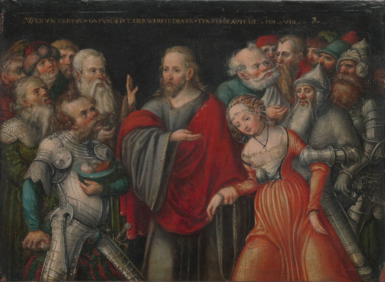 Kristus a cizoložnice od Lucas Cranach the Younger and workshop