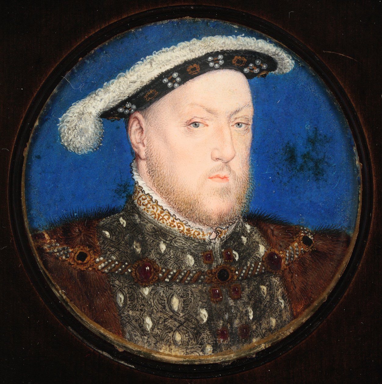 Jindřich VIII. v šedém kabátci a kožešinové róbě (wc a tělová barva na pergamenu) od Lucas Horenbout or Hornebault