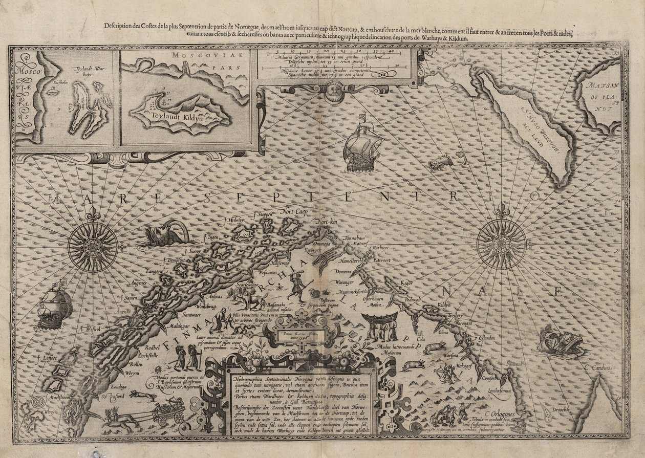 Willem Barents, mapa severního Norska se zvětšenými sekcemi Vardø a Kildin od Lucas Janszoon Waghenaer