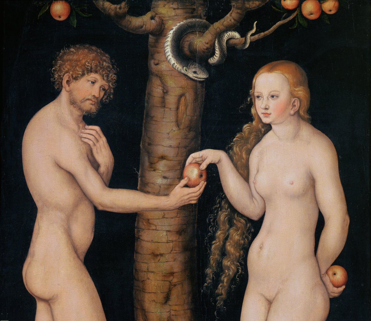Eva nabízející jablko Adamovi v rajské zahradě, asi 1520-25 olej na dřevě detail 407328 od Lucas Cranach the Elder