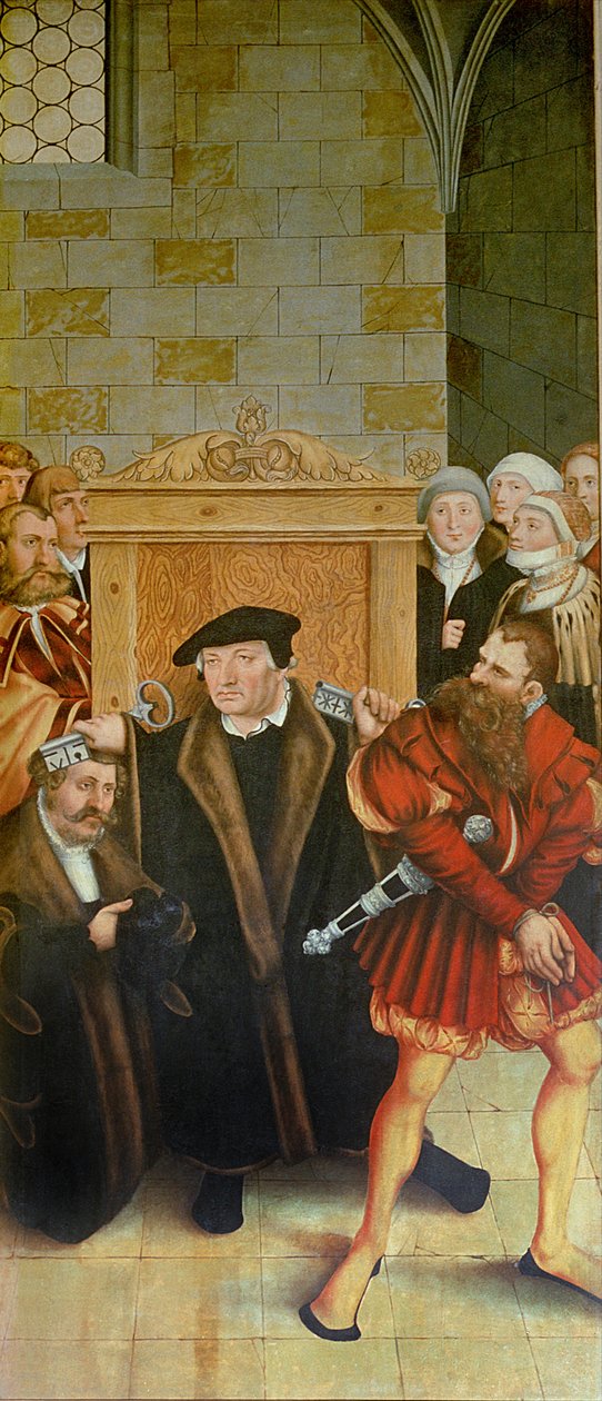 Triptych, levý panel, Philipp Melanchthon provádí křest za pomoci Martina Luthera; střední panel, Poslední večeře s Lutherem mezi apoštoly; pravý panel, Luther dělá své přiznání; Luther od Lucas Cranach the Elder