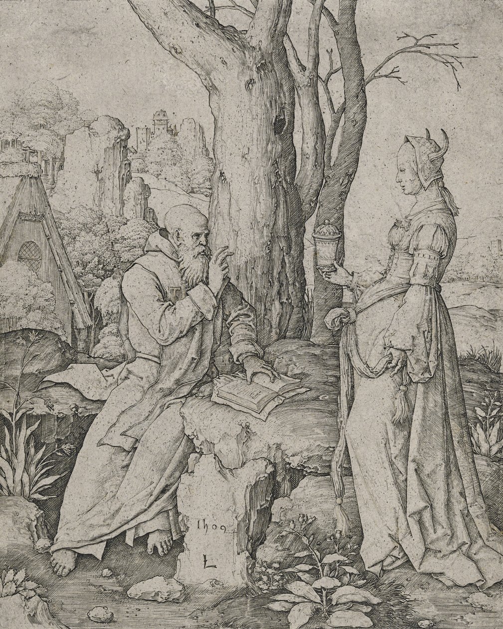 Pokušení sv. Antonína, 1509 (rytina na papíře) od Lucas van Leyden