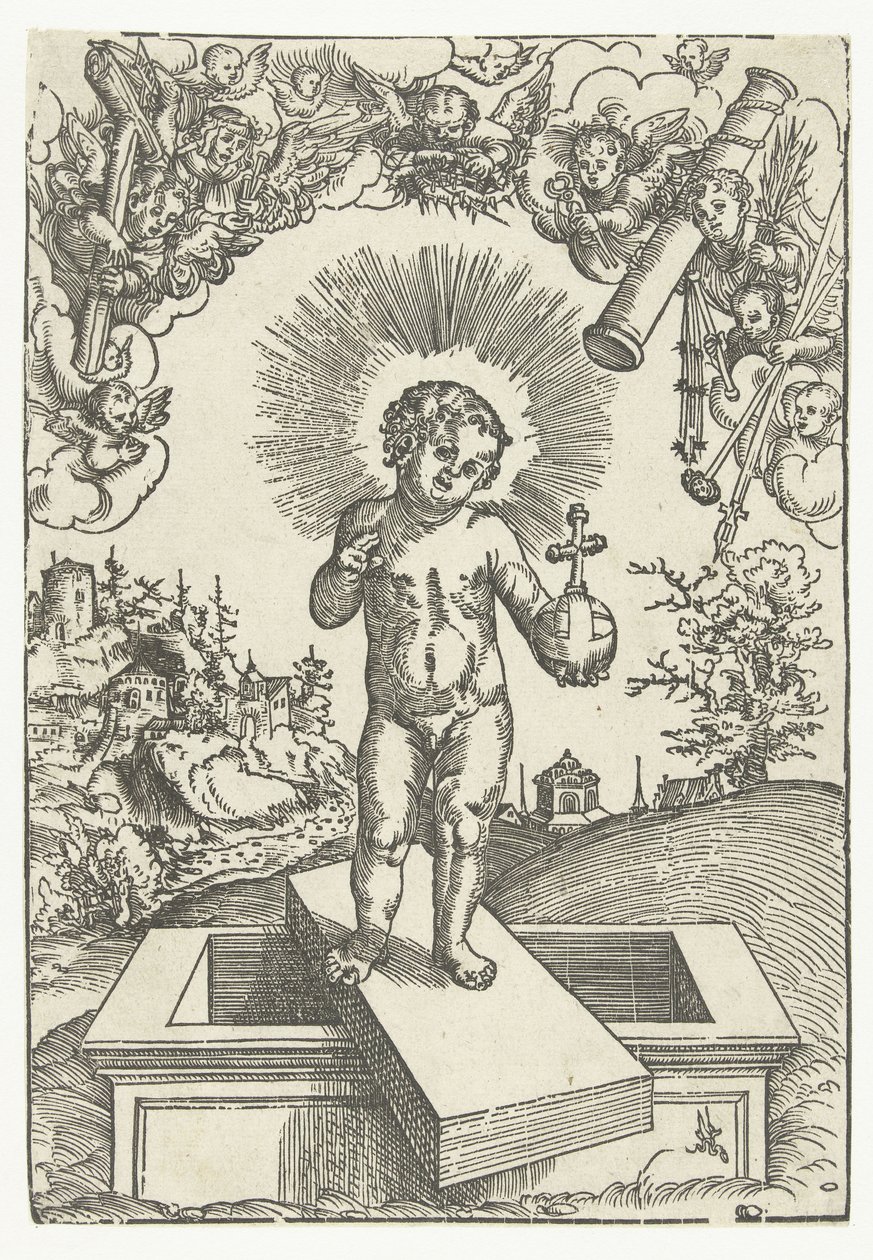 Kristus Dítě jako Vykupitel obklopený anděly s nástroji vášně od Lucas Cranach