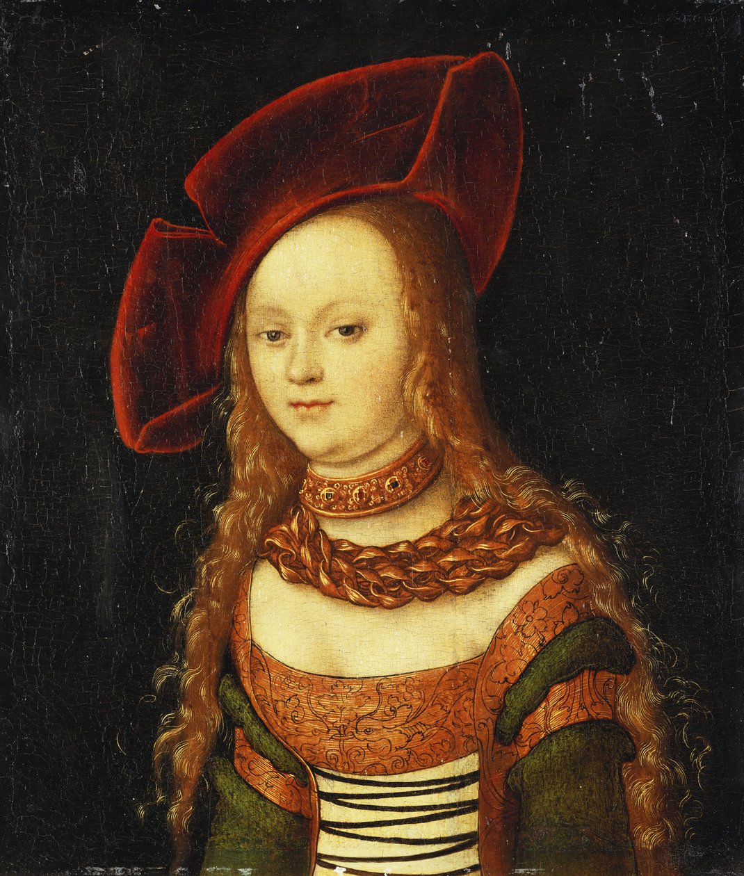 Portrét mladé dívky, poloviční délka, na sobě zelený a zlatý kostým s červeným kloboukem od Lucas Cranach