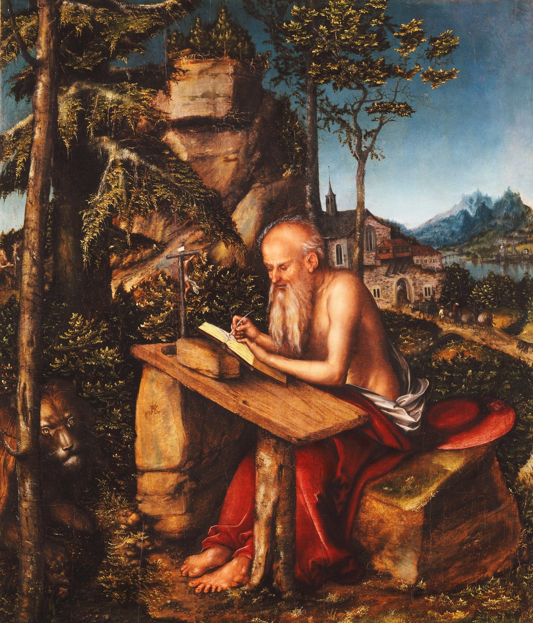 Svatý Jerome psaní ve skalnaté krajině, c.1515 od Lucas Cranach