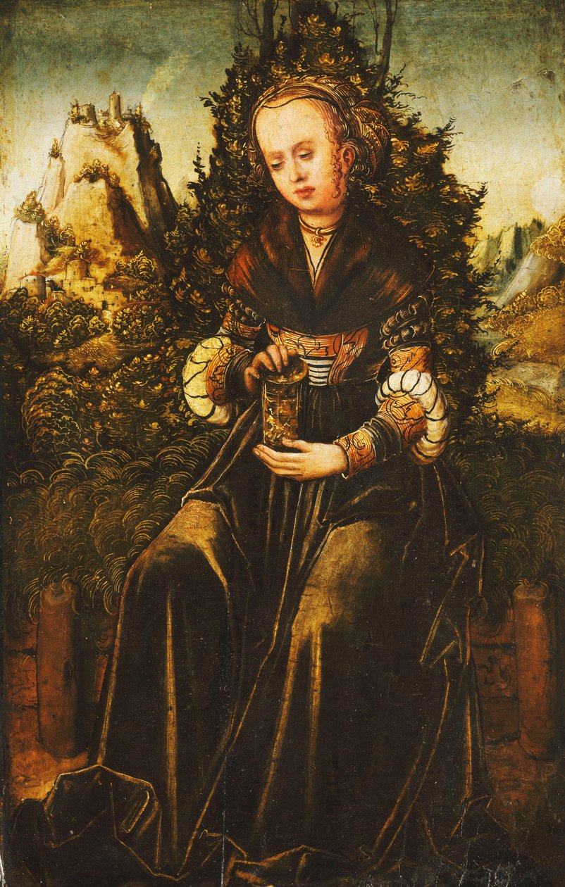 Svatá Máří Magdalena sedící na travnatém kraji v hornaté krajině, od Lucas Cranach
