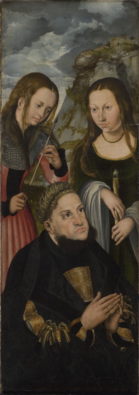 Kurfiřt Fridrich Moudrý Saský (1463-1525) se svatými Uršulou (vlevo) a Genevieve (vpravo) od Lucas Cranach d.Æ.