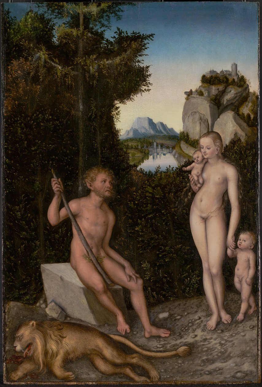 Faun a jeho rodina se zabitým lvem od Lucas Cranach the Elder