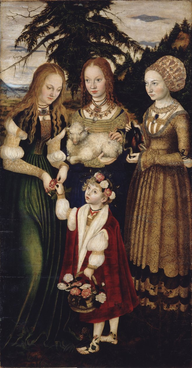 Oltářní obraz s Umučením svaté Kateřiny, levé křídlo: Svatí Dorothea, Agnes a Cunigunda od Lucas Cranach the Elder