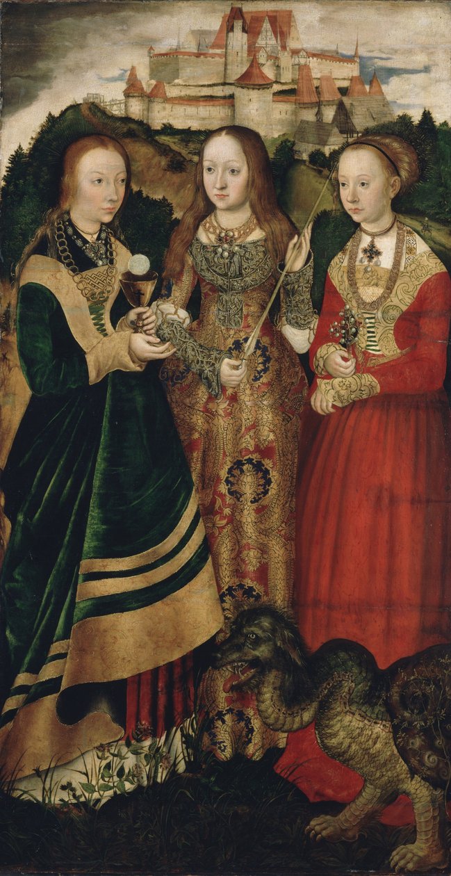 Oltářní obraz s Umučením svaté Kateřiny, pravé křídlo: Svatá Barbora, Uršula a Markéta od Lucas Cranach the Elder