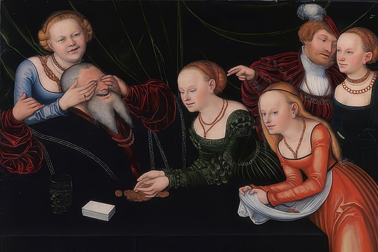 Starý muž očarovaný kurtizánami. Kolem roku 1537 od Lucas Cranach the Elder