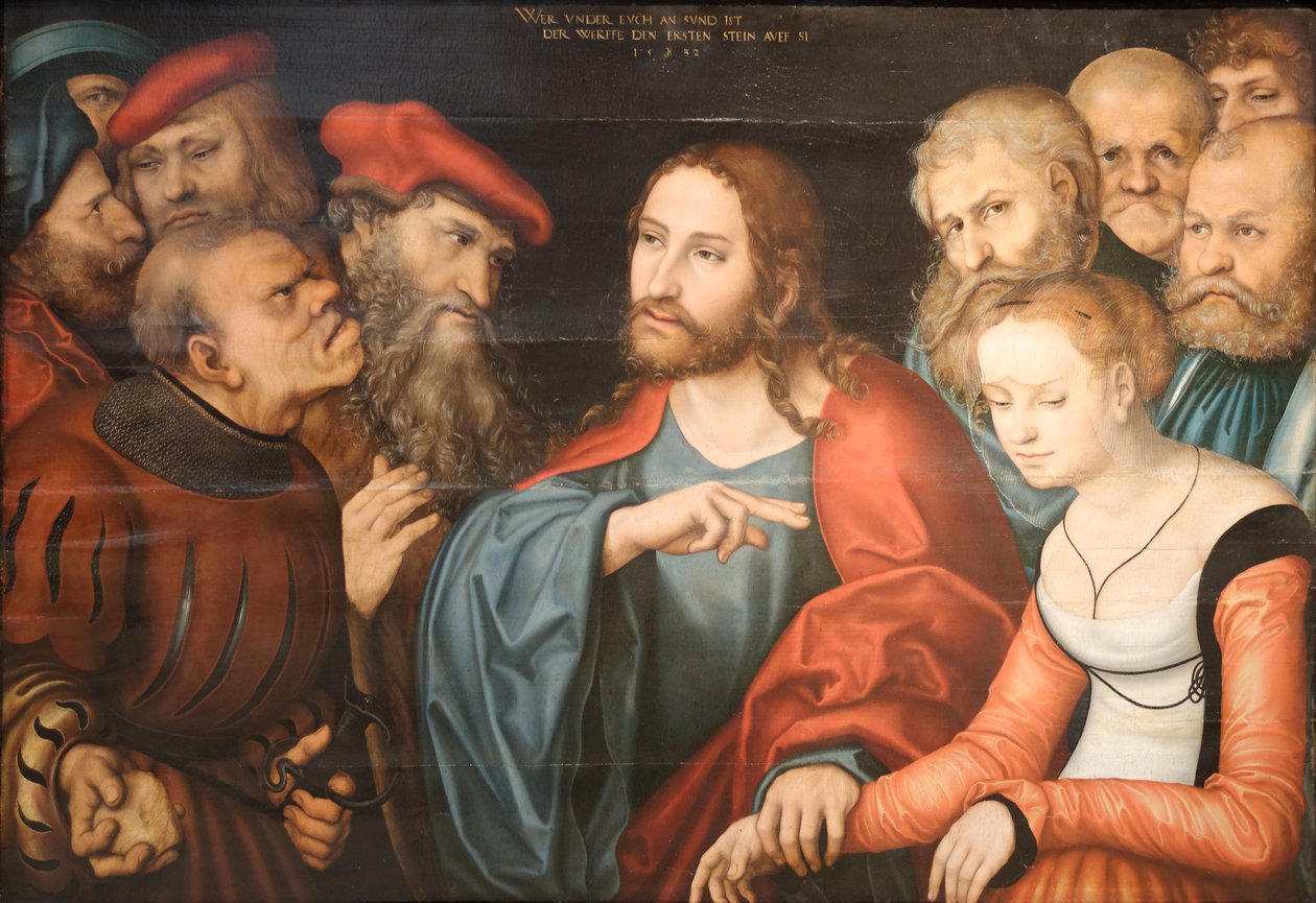 Kristus a cizoložnice od Lucas Cranach the Elder