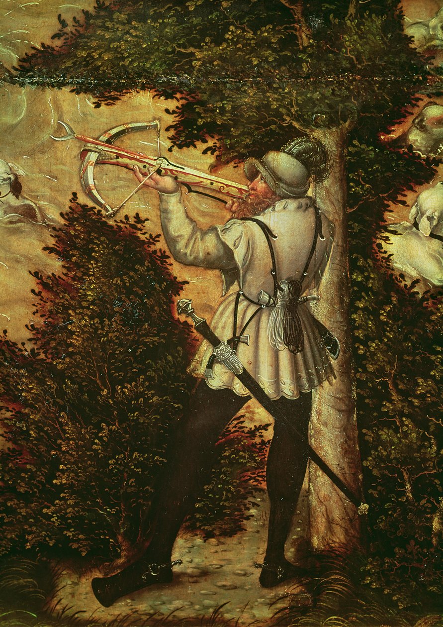 Střelec z kuše míří, detail "Lovu na počest Karla V. u hradu Hartenfels, Torgau", 1544 od Lucas Cranach the Elder