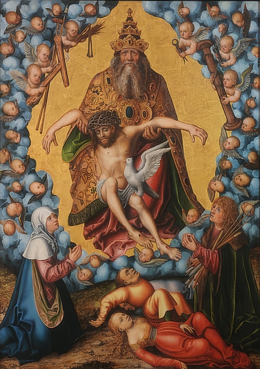 Trojice, kterou uctívali Maria a Sebastian. Kolem roku 1515 od Lucas Cranach the Elder