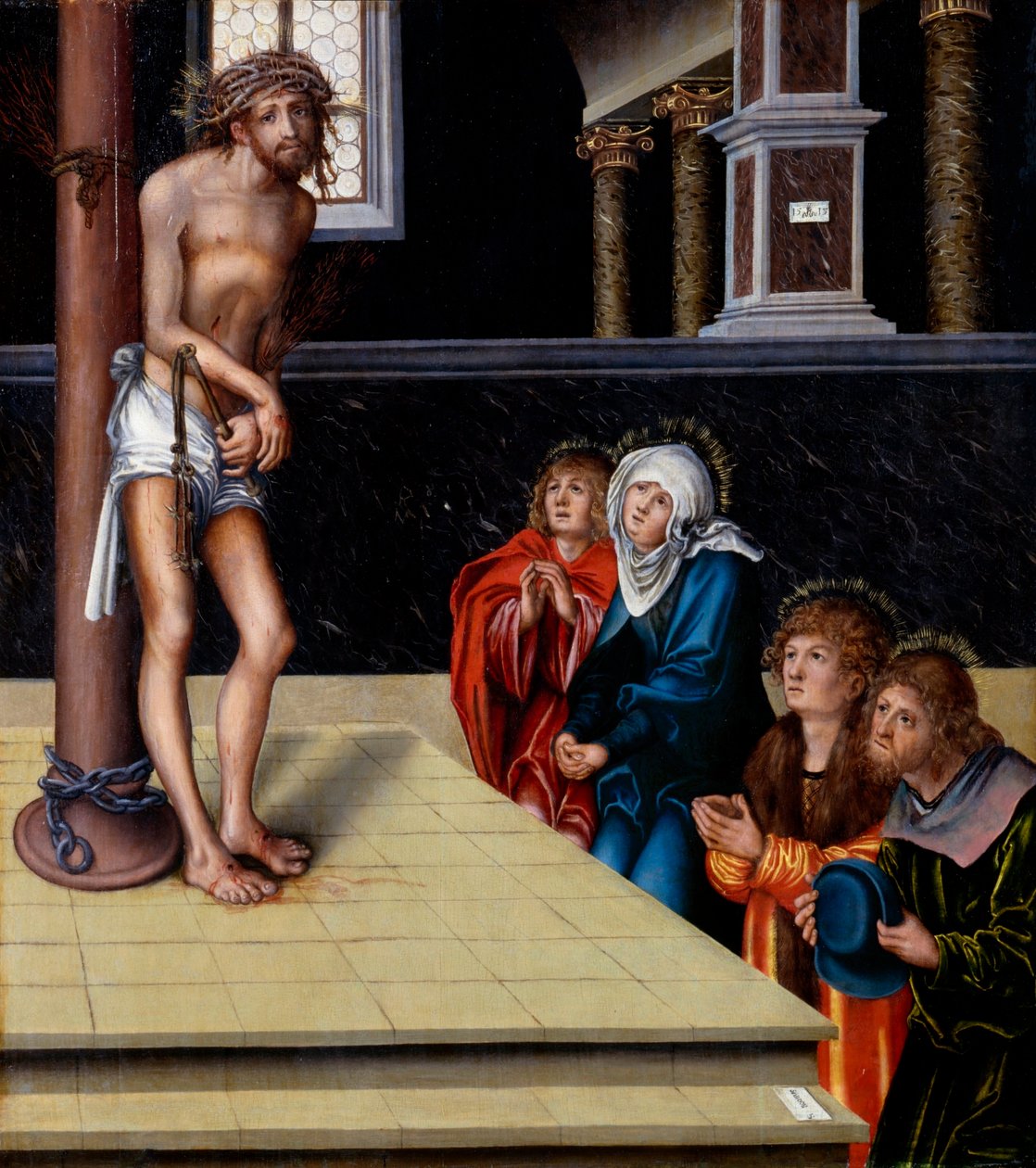 německy: Christus als Schmerzensmann an der Geißelsäule Kristus jako muž bolestí od Lucas Cranach the Elder