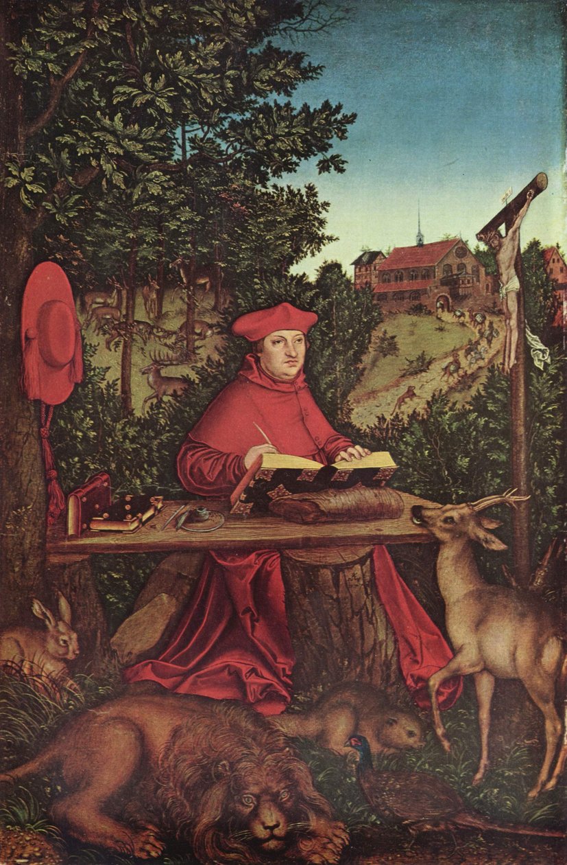 Německy: kardinál Albrecht Braniborský (1490-1545) jako Heiliger Hieronymus Kardinál Albrecht Braniborský (1490-1545) jako svatý Jeroným od Lucas Cranach the Elder