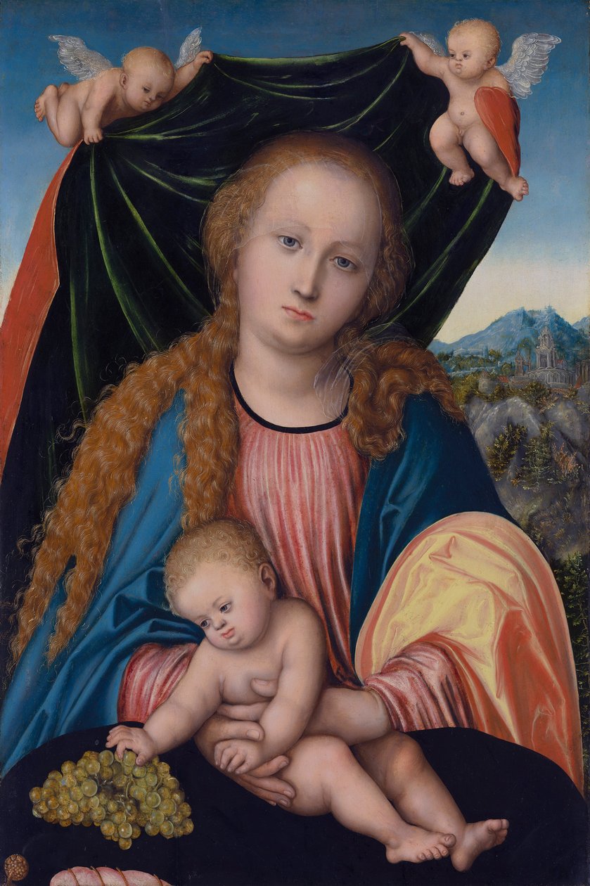 Německy: Madona s dítětem a hrozny, Dva andělé držící závěs Panna s dítětem od Lucas Cranach the Elder