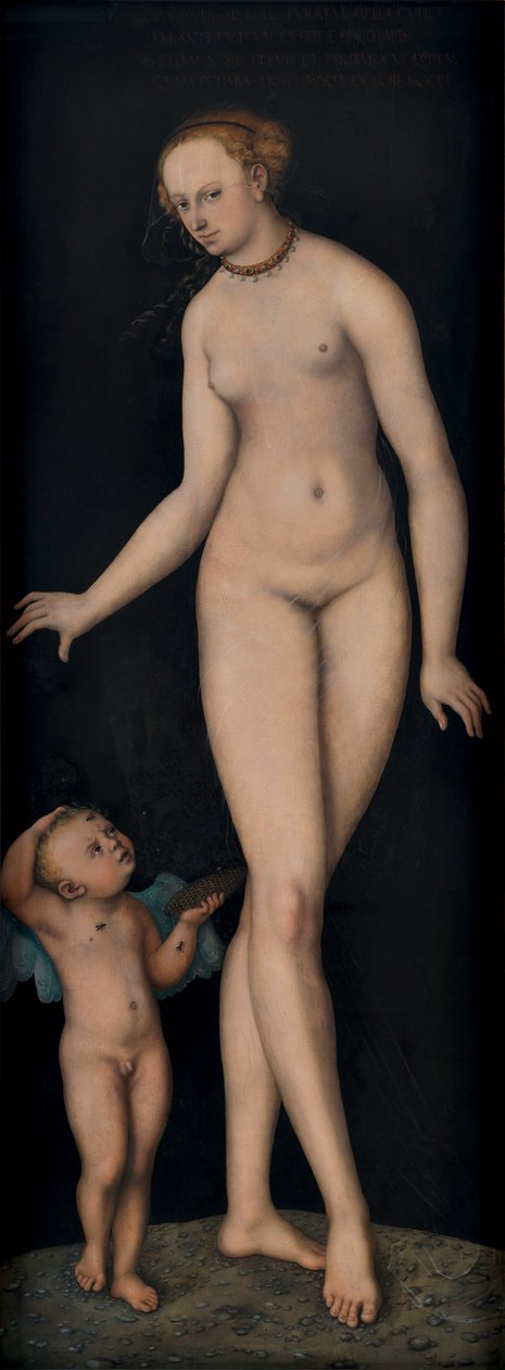 Německy: Venus mit Amor als Honigdieb vor schwarzem Grund Venuše s Amorem jako zlodějem medu na černém pozadí od Lucas Cranach the Elder