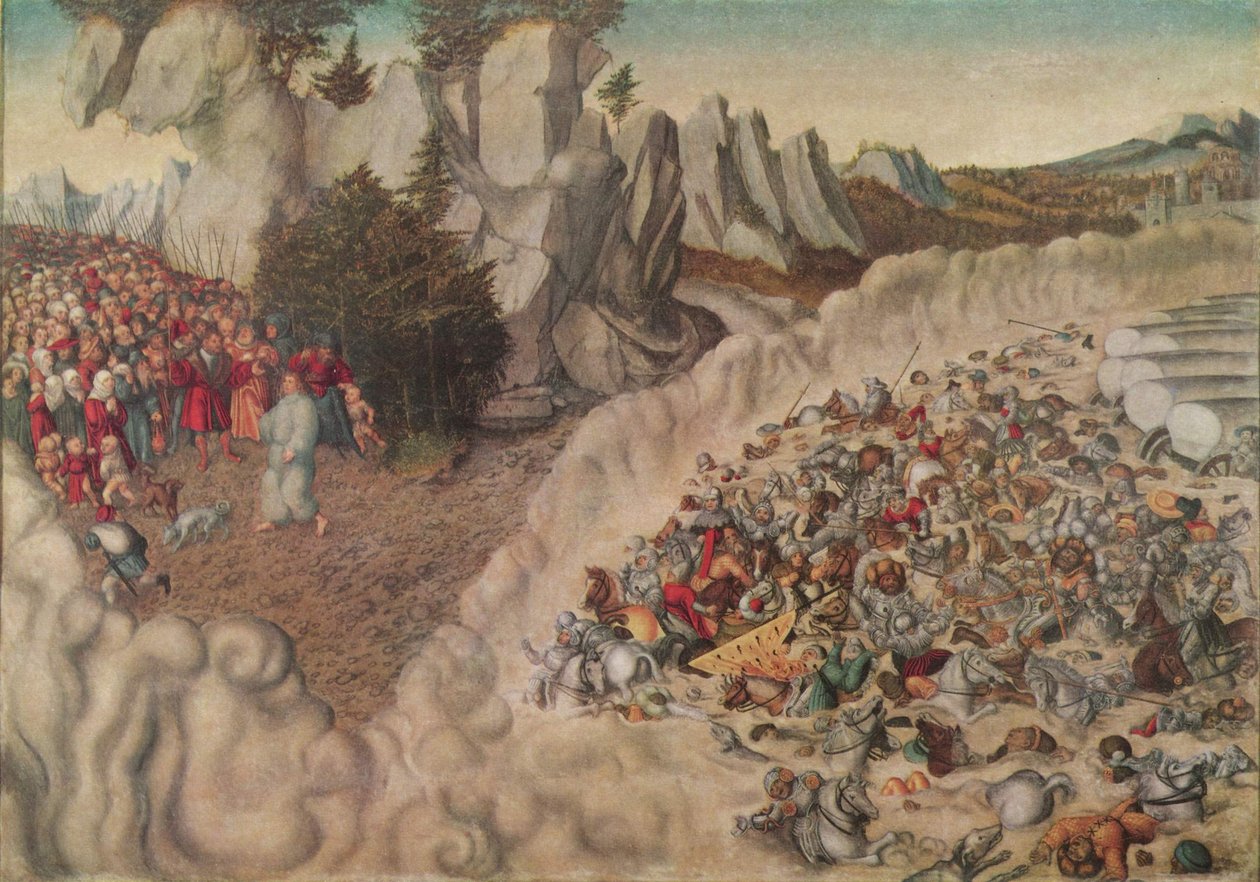 Německy: Zug der Israeliten durch das Rote Meer (Untergang des Pharao) Faraonova vojska pohlcená Rudým mořem od Lucas Cranach the Elder