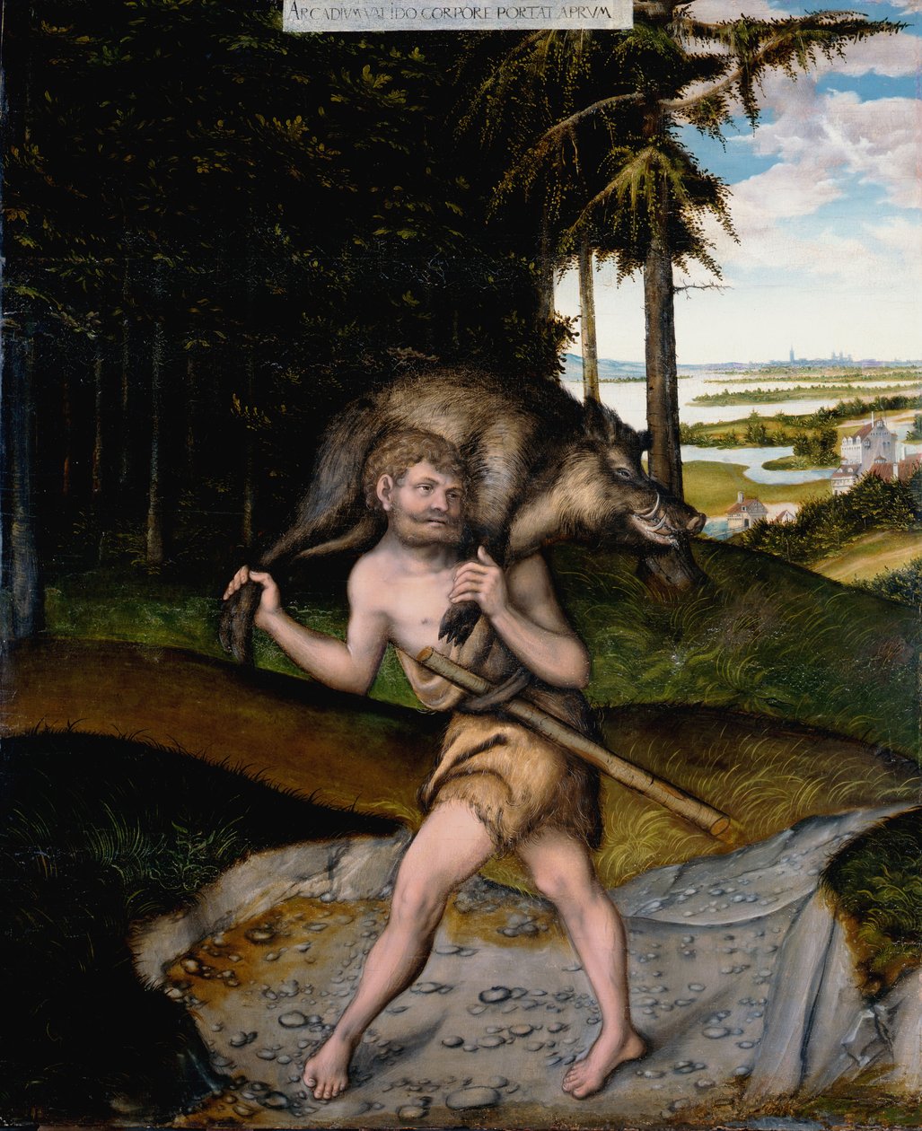 Herakles a erymanthský kanec z Herkulových prací od Lucas Cranach the Elder