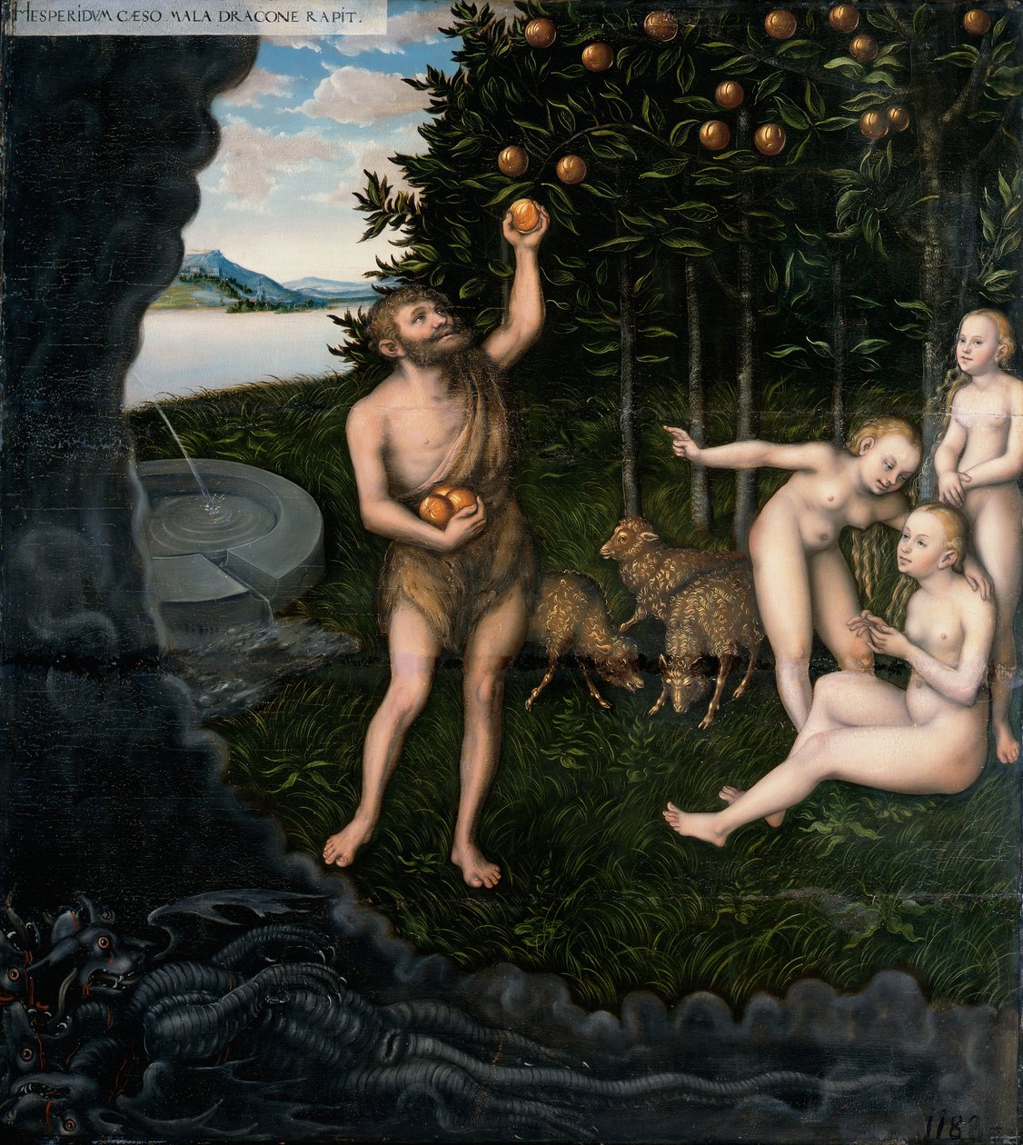 Herkules krade jablka Hesperidkám z Herkulových prací od Lucas Cranach the Elder