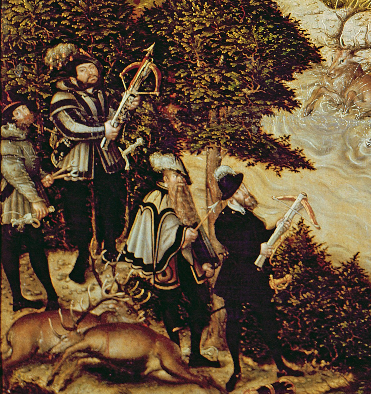 Johann Friedrich Magnanimous, saský kurfiřt a císař Karel V. loví jeleny poblíž zámku Hartenfels, Torgau, 1544 (detail 38682) od Lucas Cranach the Elder