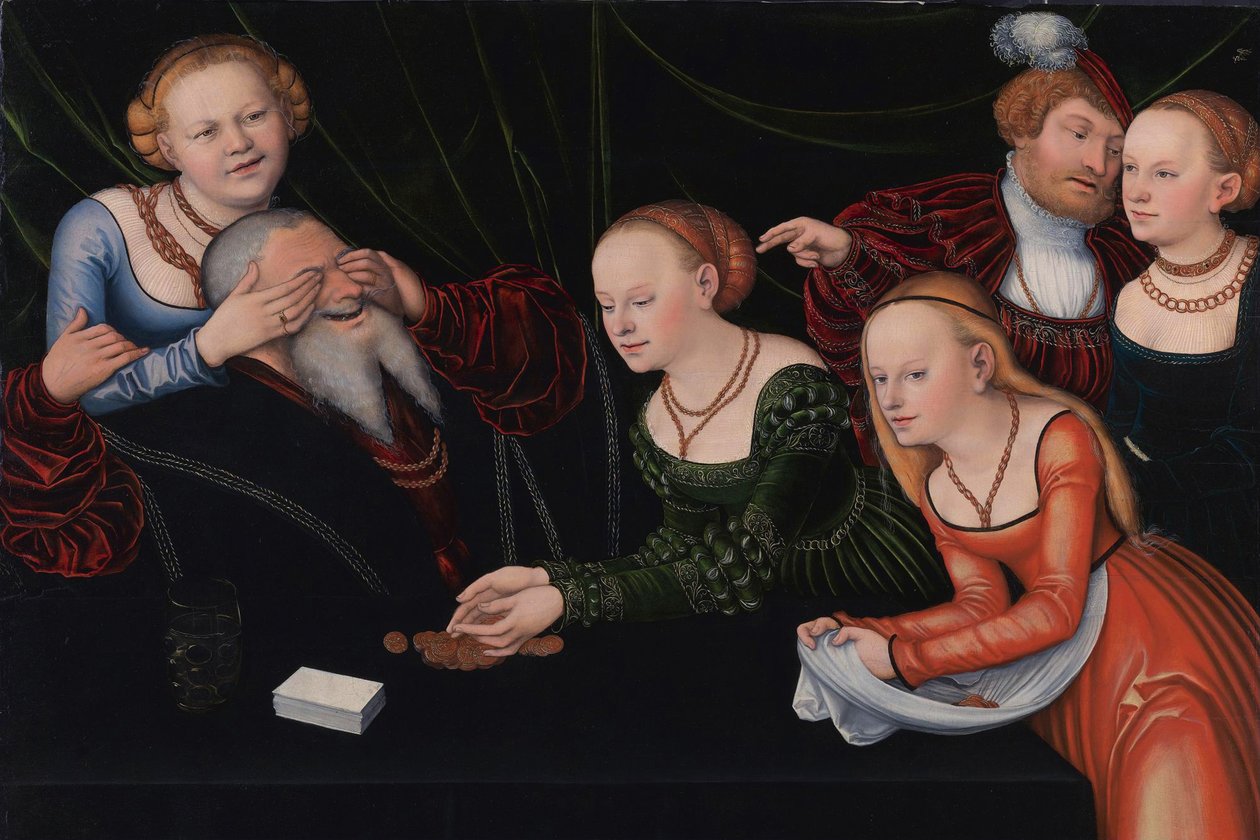 Starý muž oklamaný kurtizánami, asi 1537 od Lucas Cranach the Elder