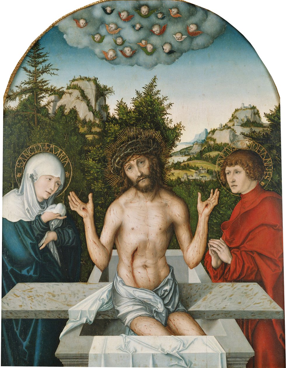 Pfirtscherův oltářní obraz: Bolestný Kristus sedící na sarkofágu mezi Pannou Marií a svatým Janem [ústřední panel] od Lucas Cranach the Elder