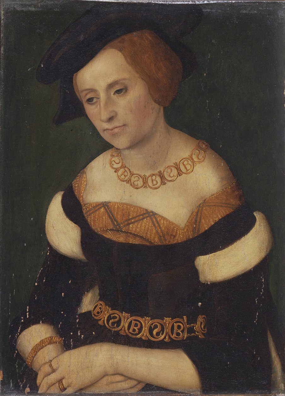 Portrét Barbory Zapolské (1495-1515), polské královny, s náhrdelníkem a opaskem s monogramem Bamp;S (Barbara et Sigismundus) od Lucas Cranach the Elder