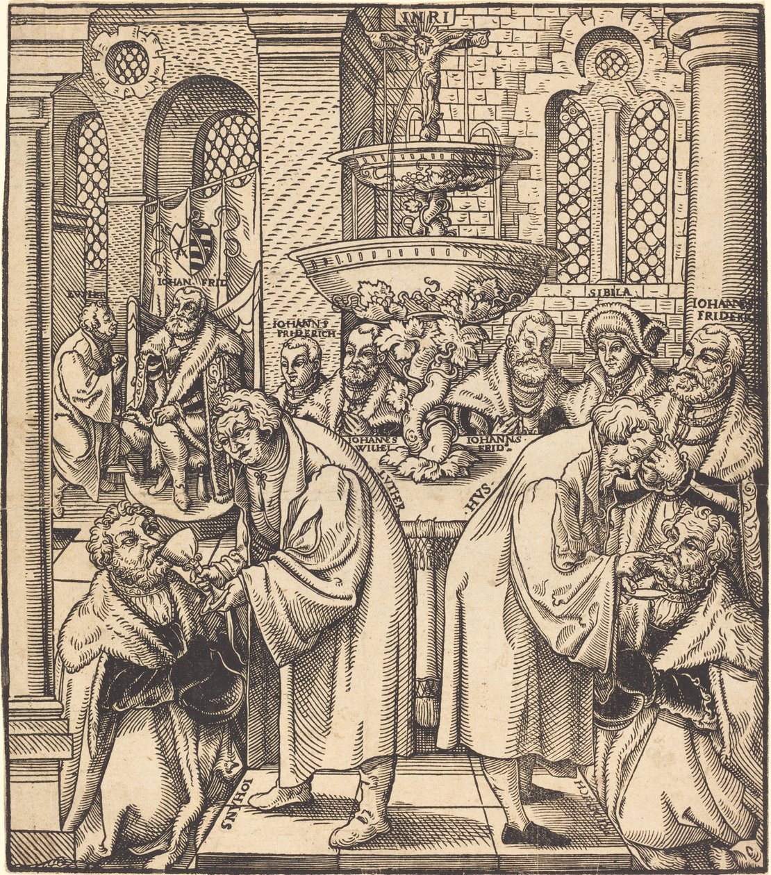 Reformátoři Luther a Hus při přijímání knížat z rodu Saska od Lucas Cranach the Elder