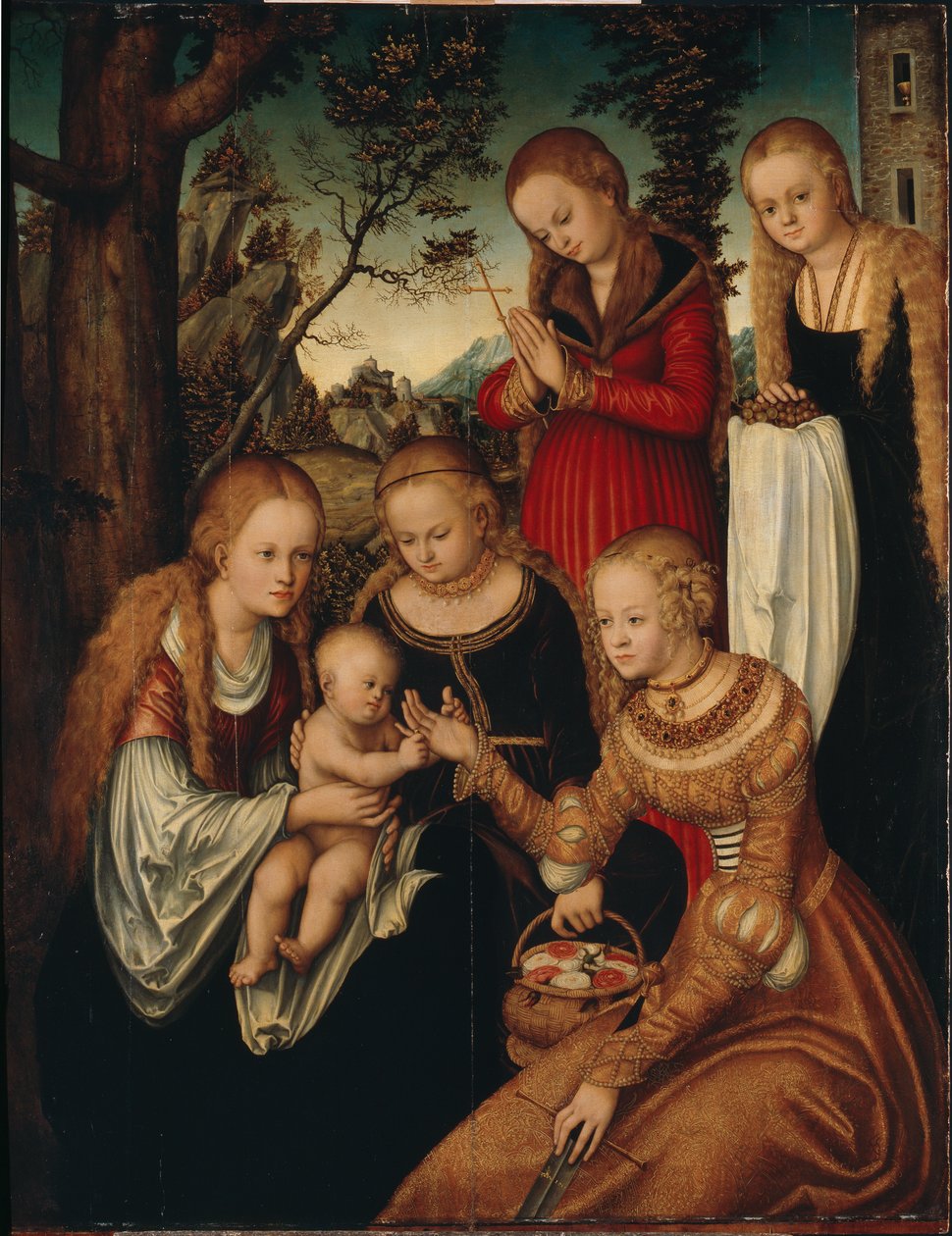 Panna s dítětem se svatými Kateřinou, Dorotou, Markétou a Barborou tzv. Sňatek sv. od Lucas Cranach the Elder