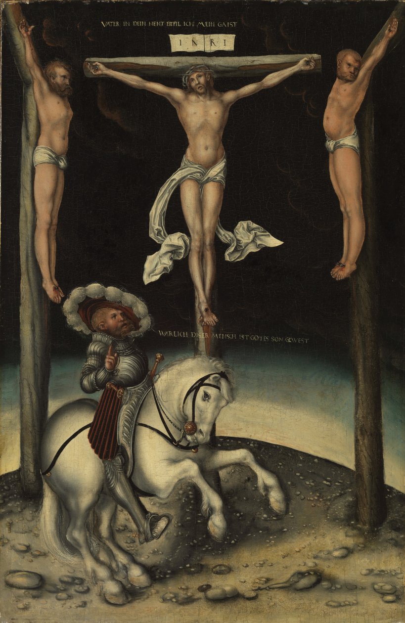 Setník Longinus mezi Kristovými kříži a dvěma zloději, 1539 od Lucas Cranach the Elder