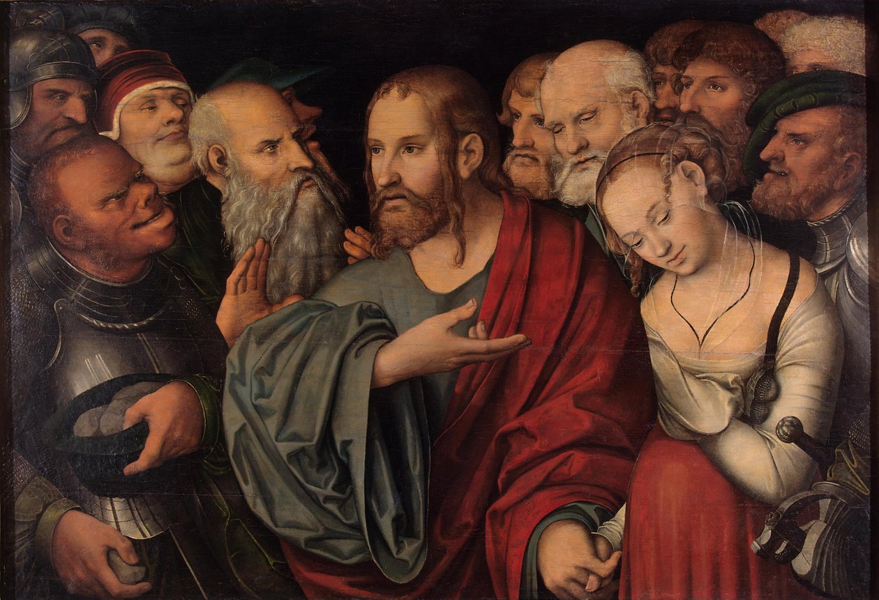 Kristus a cizoložnice od Lucas Cranach the Younger