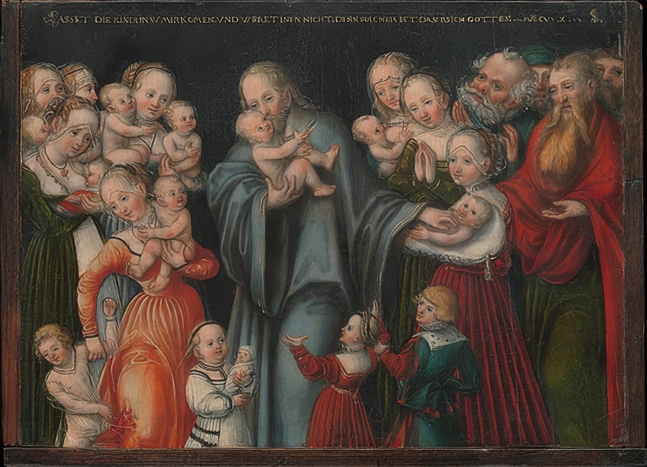 Kristus žehná dětem. Kolem roku 1545--50 od Lucas Cranach the Younger