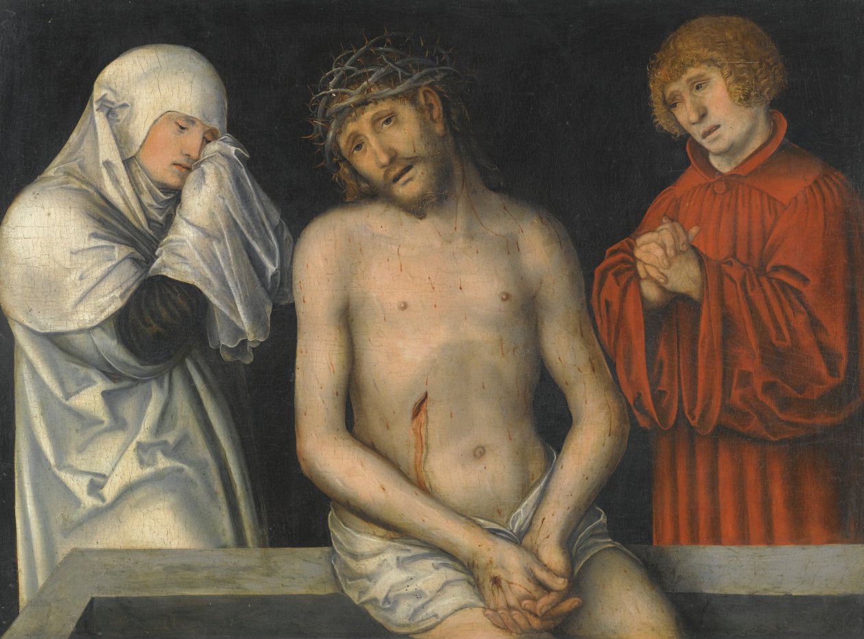 Německy: Der Schmerzensmann zwischen Maria und Johannes Bolestný muž po boku Panny Marie a svatého Jana od Lucas Cranach the Younger