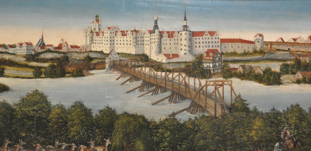 Německy: Lov na jelena kurfiřta Johanna Friedricha Lov na jelena kurfiřta Johanna Friedricha
 detail: Hrad Hartenfels v Torgau od Lucas Cranach the Younger