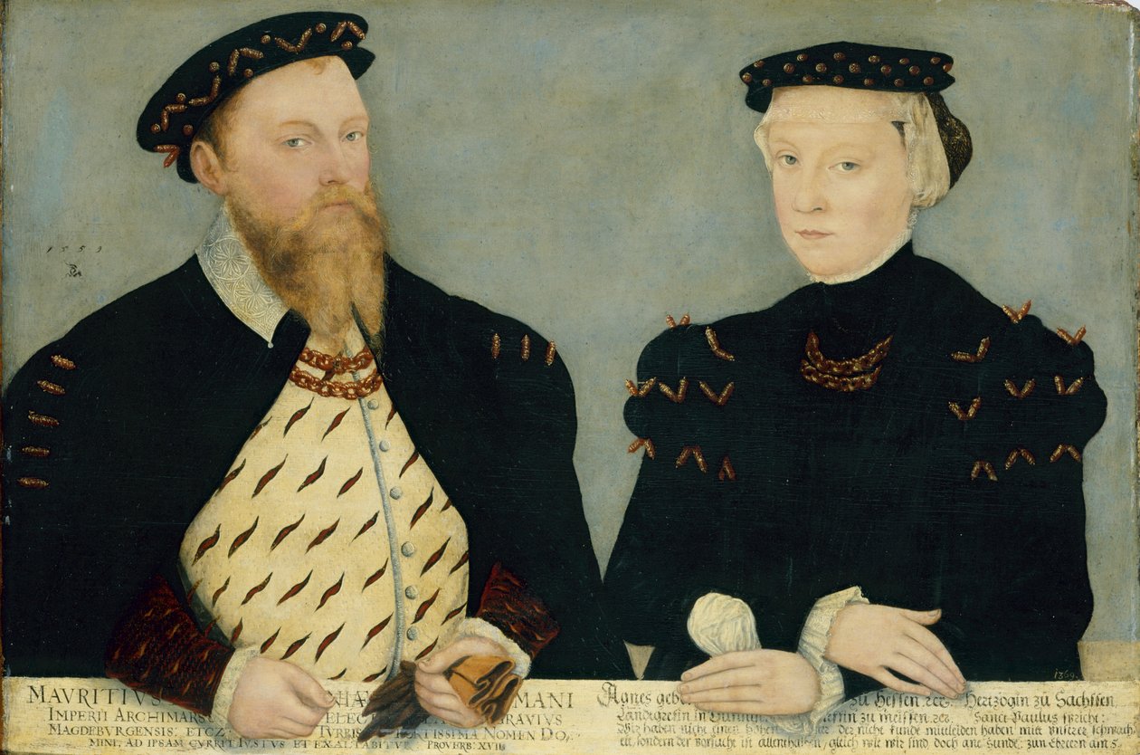 Německy: kurfiřt Mořic Saský (1521-1553) a jeho manželka Agnes (1527-1555) Mořic, kurfiřt Saský a jeho manželka Agnes od Lucas Cranach the Younger