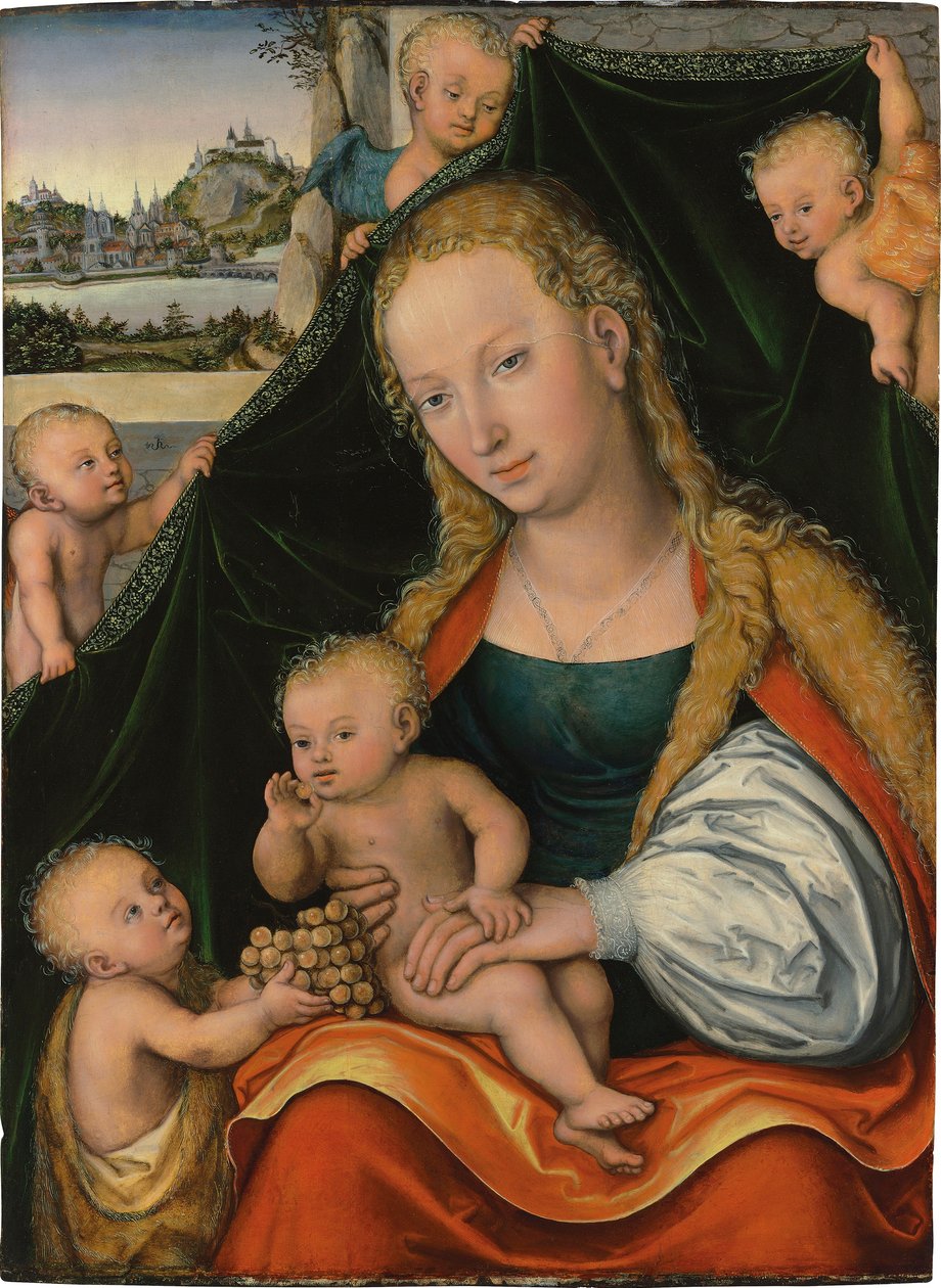Německy: Madonna und Kind mit dem Johannesknaben und Engeln Panna Marie s dítětem, svatý Jan Křtitel a andělé od Lucas Cranach the Younger