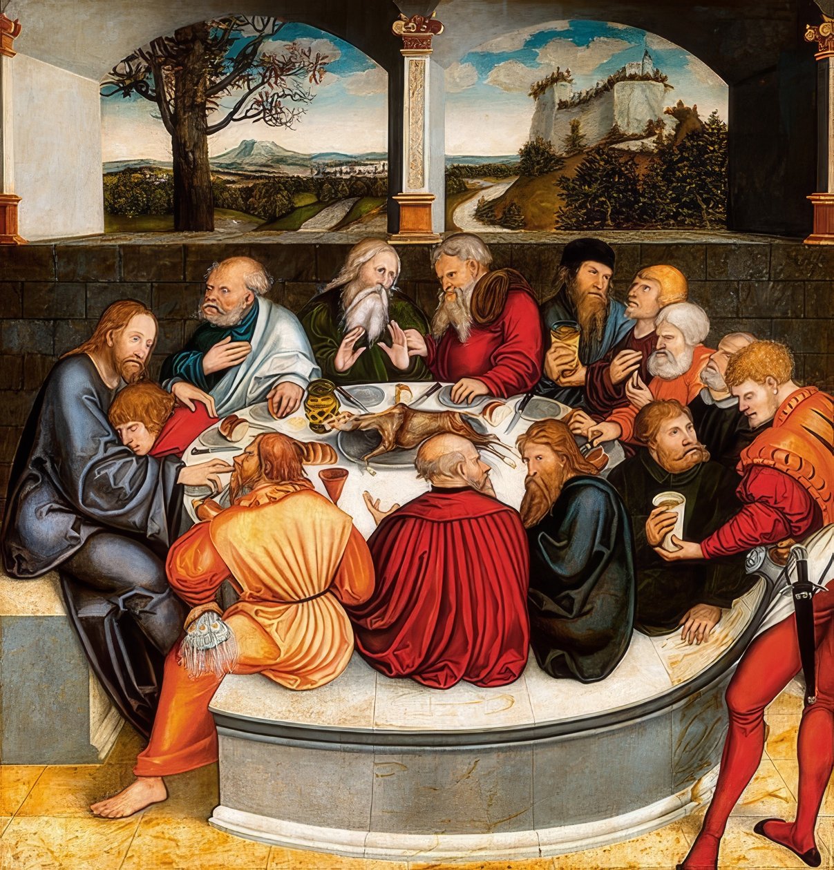 Reformační oltář, střední deska na přední straně: Martin Luther mezi apoštoly při Večeři Páně. 1546/47 od Lucas Cranach the Younger