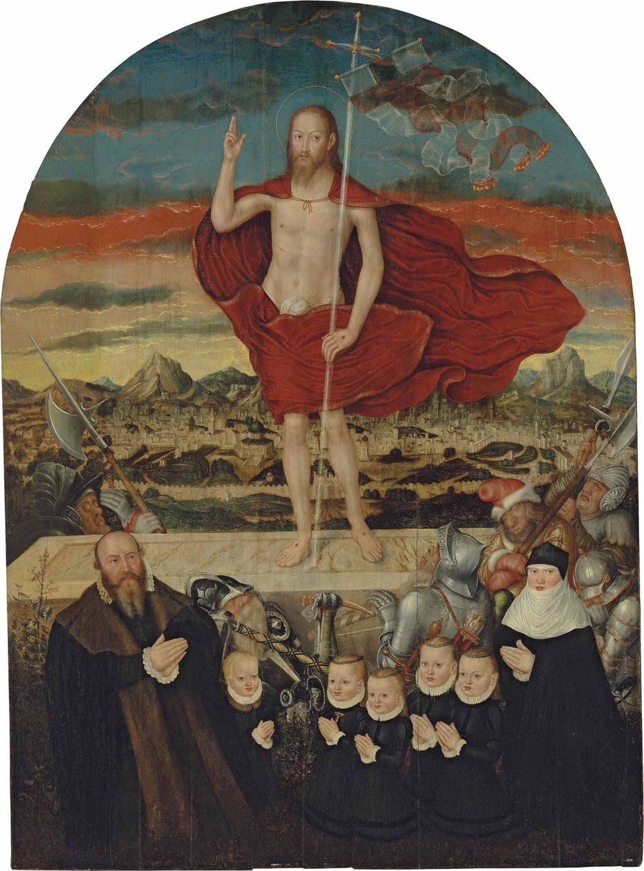 Vzkříšený Kristus s dárcovskou rodinou od Lucas Cranach the Younger