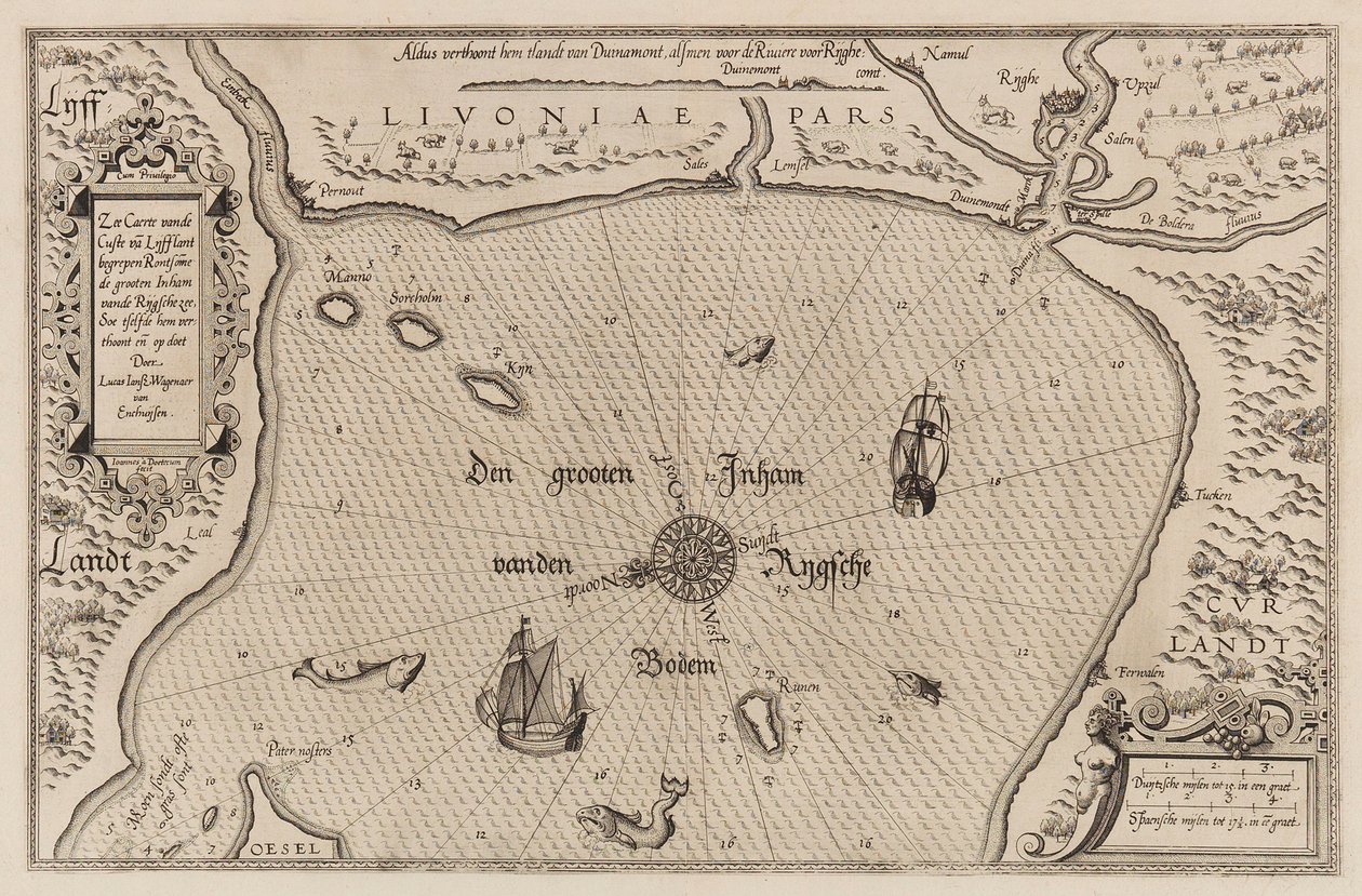 Námořní mapa Rižského zálivu, kartografie. od Lucas Jansz. Waghenaer
