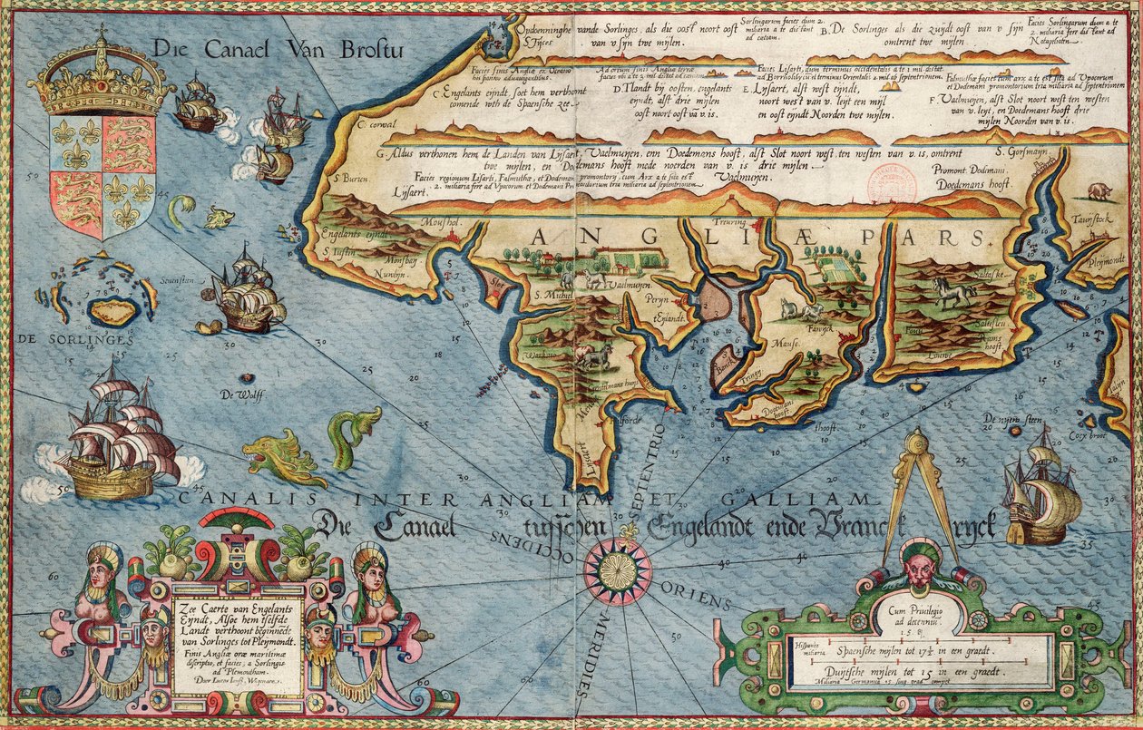 Mapa Lamanšského průlivu od Lucas Janszoon Waghenaer