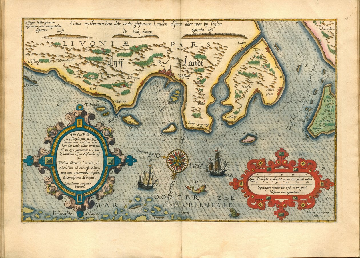 Livonie (Nord de la Lituanie actuelle) - Mapa Livonska (Die custe va Lijfflandt s eijlanden daer beneffens...) - Waghenaer, Lucas Jansz. (1533/34-1606) - 1586 - Mědirytina, akvarel - Soukromá sbírka od Lucas Janszoon Waghenaer