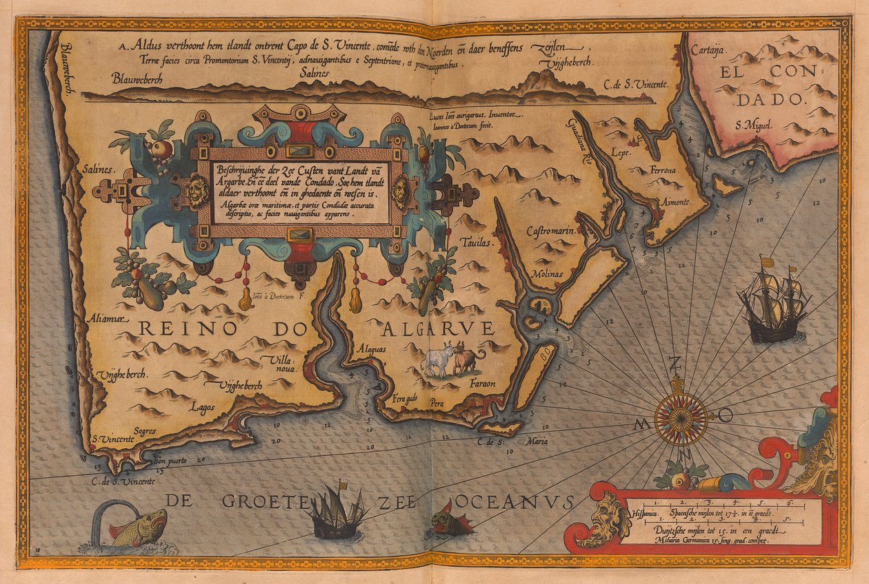 Nadrozměrný atlas s názvem "Speculum nauticum super navigatione maris occidentalis confectu, continens omnes oras maritimas Galliae, Hispaniae, and praecipuarum partium Angliae", cca 1591 (kresba). od Lucas Janszoon Waghenaer