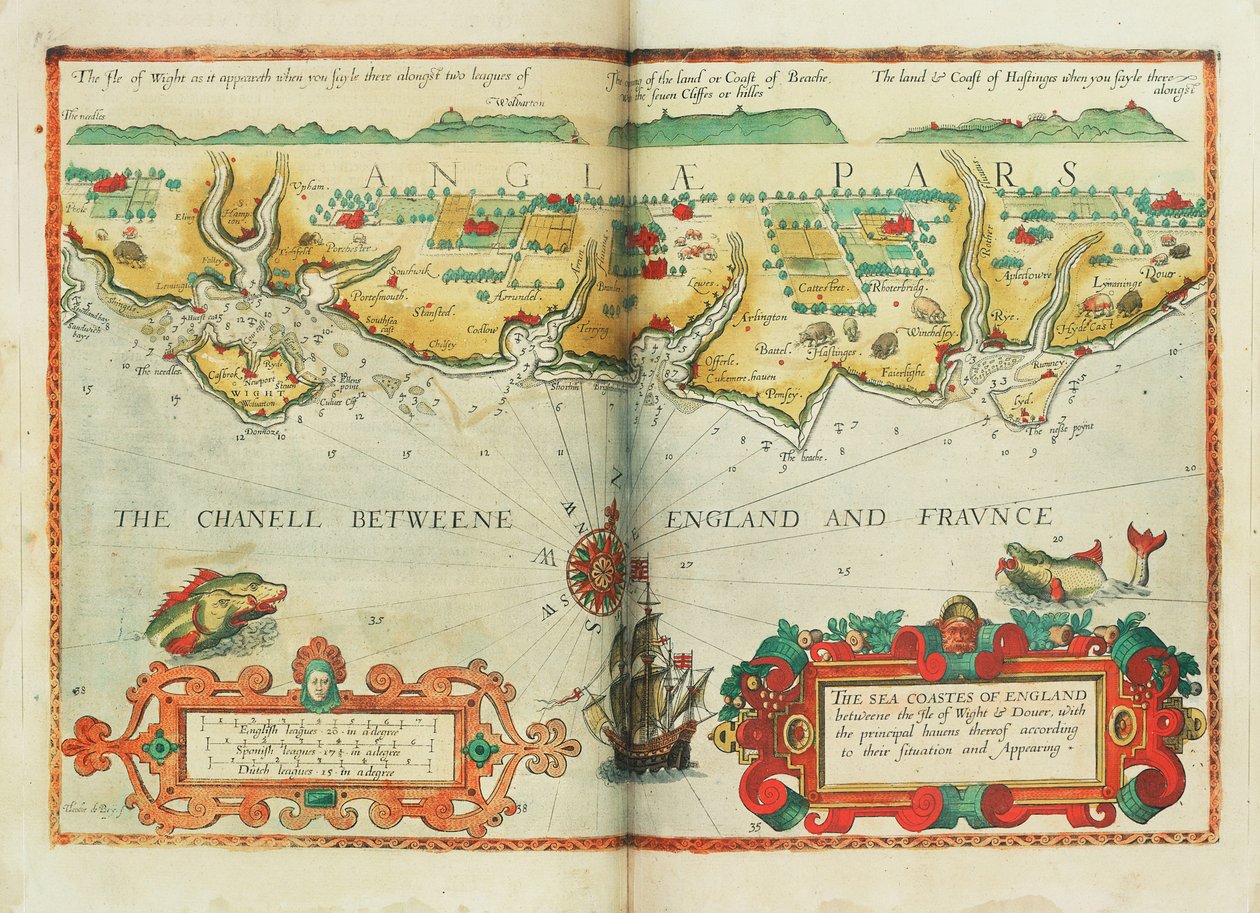 Mořské pobřeží Anglie mezi ostrovem Wight a Doverem s hlavními přístavy podle jejich polohy a výskytu, cca 1588 (mapa) od Lucas Janszoon Waghenaer
