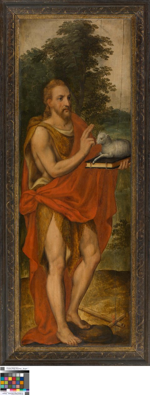 Jan Křtitel (vlevo), Dárce (vpravo), Vanitas (zavřeno), Lucas de Heere, Muzeum výtvarných umění v Gentu, S-101, otevřená levá deska od Lucas de Heere