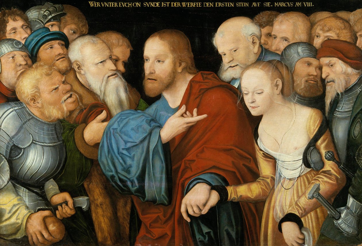 Kristus a žena zajatí v cizoložství, kolem 1520-50 od Lucas studio of Cranach