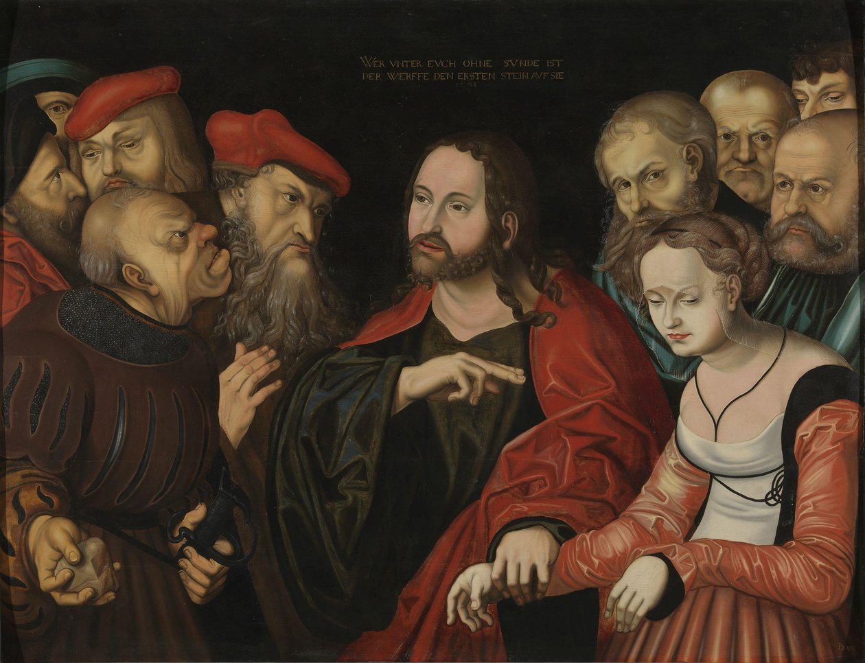 Kristus a žena odcizení z cizoložství, cca 1700 (olej na dřevě) od Lucas the Elder (after) Cranach