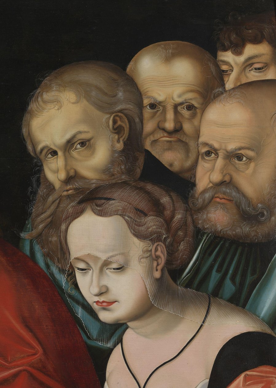 Kristus a žena odcizení z cizoložství, detail, cca 1700 (olej na dřevě) od Lucas the Elder (after) Cranach